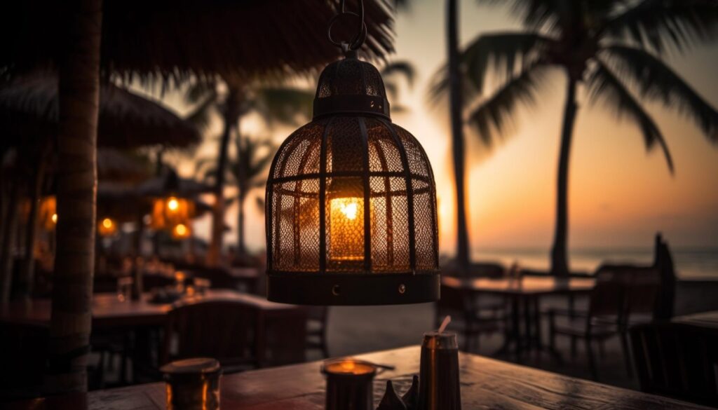 Lantern glowing at a beach cafe in Larnaca, Cyprus, with sunset, palm trees, and ocean horizon in the background.