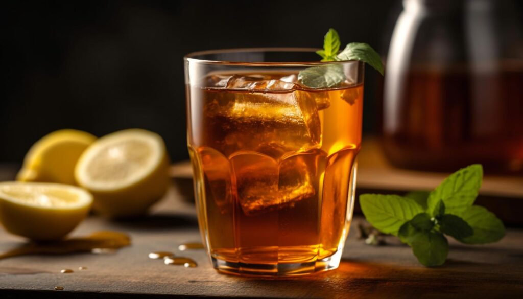 Aperol Spritz in a clear glass with mint garnish, beside cut lemons on a wooden surface.