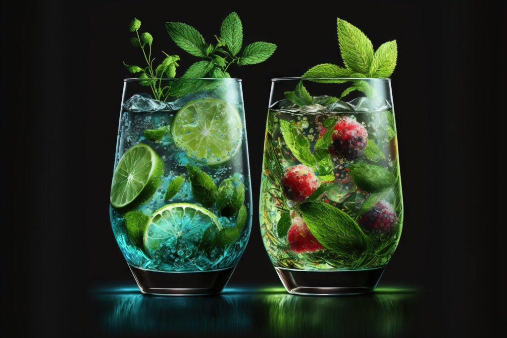 Two refreshing summer cocktails in clear glasses: a classic mojito with lime and mint on the left, and a berry mojito with raspberries and blackberries on the right, both on a dark background with a subtle green reflection.