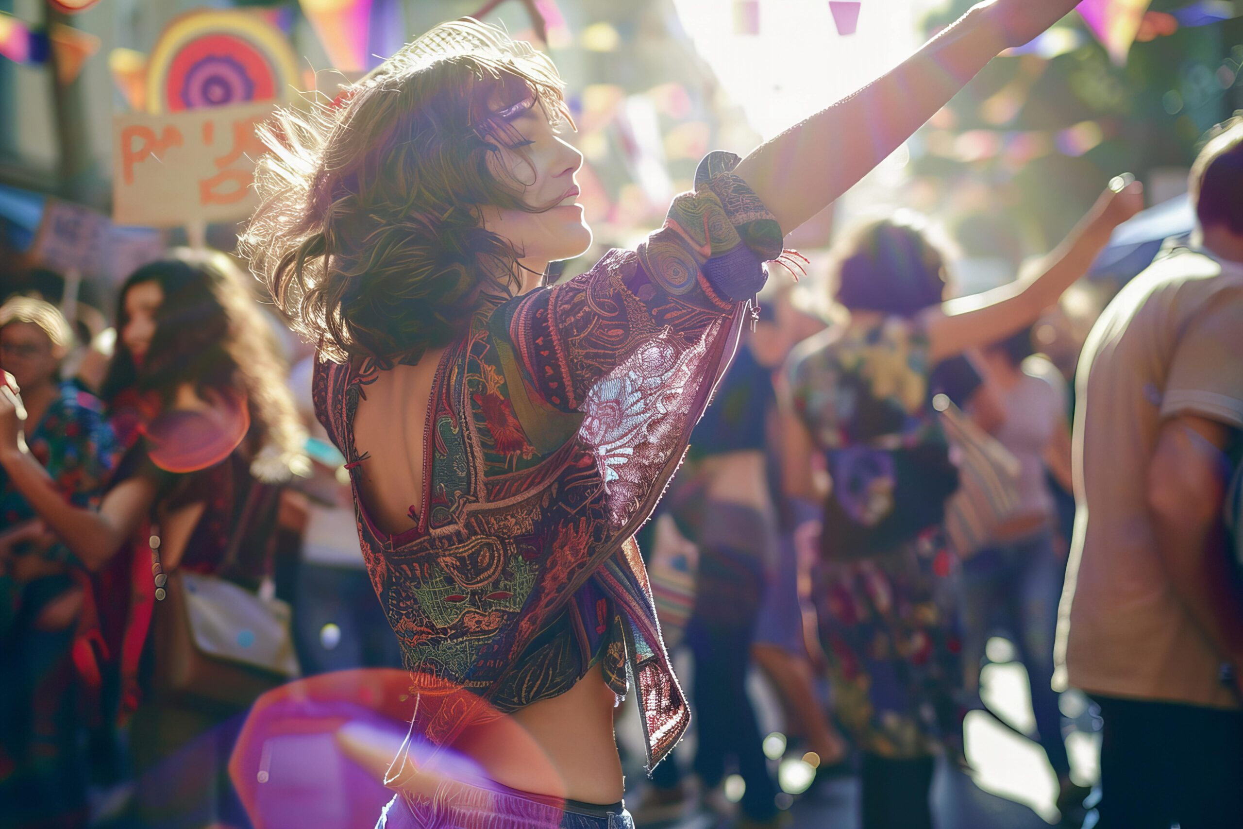 Woman dancing joyfully at a vibrant outdoor festival in Cyprus