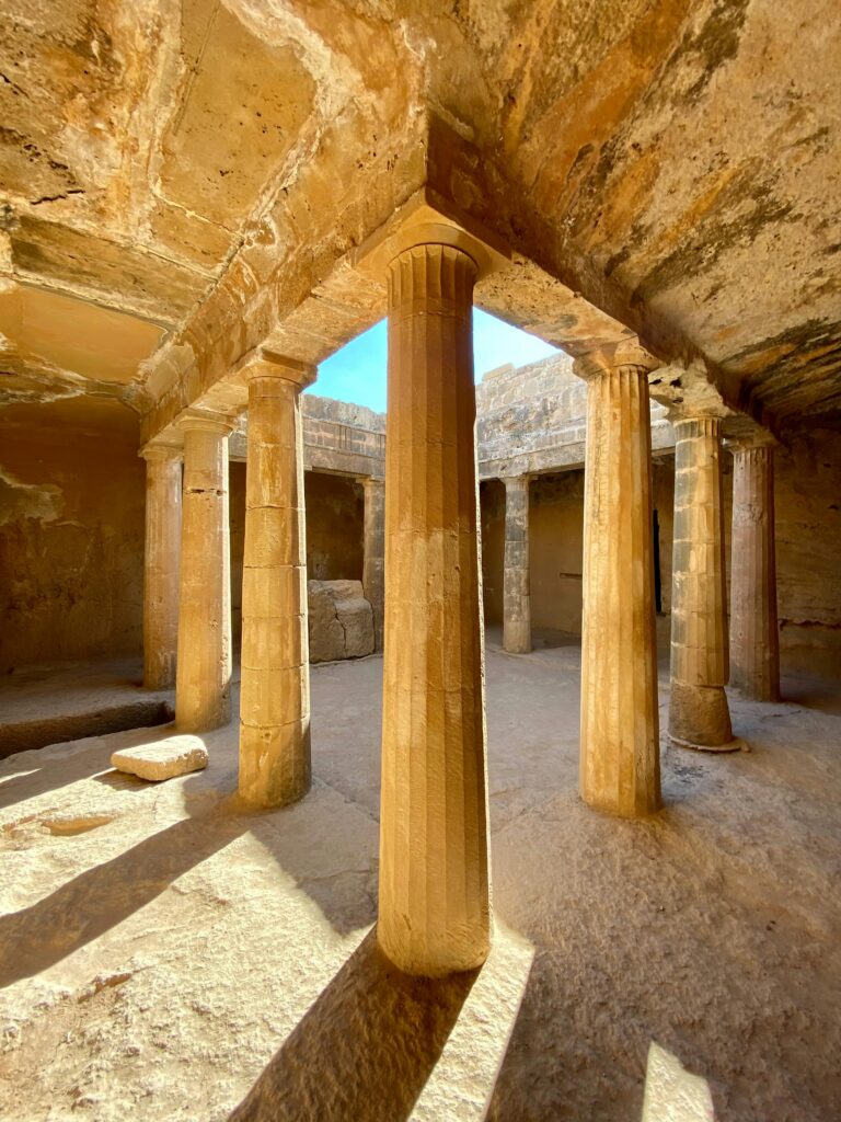 Ancient stone columns in the Tombs of the Kings, Cyprus