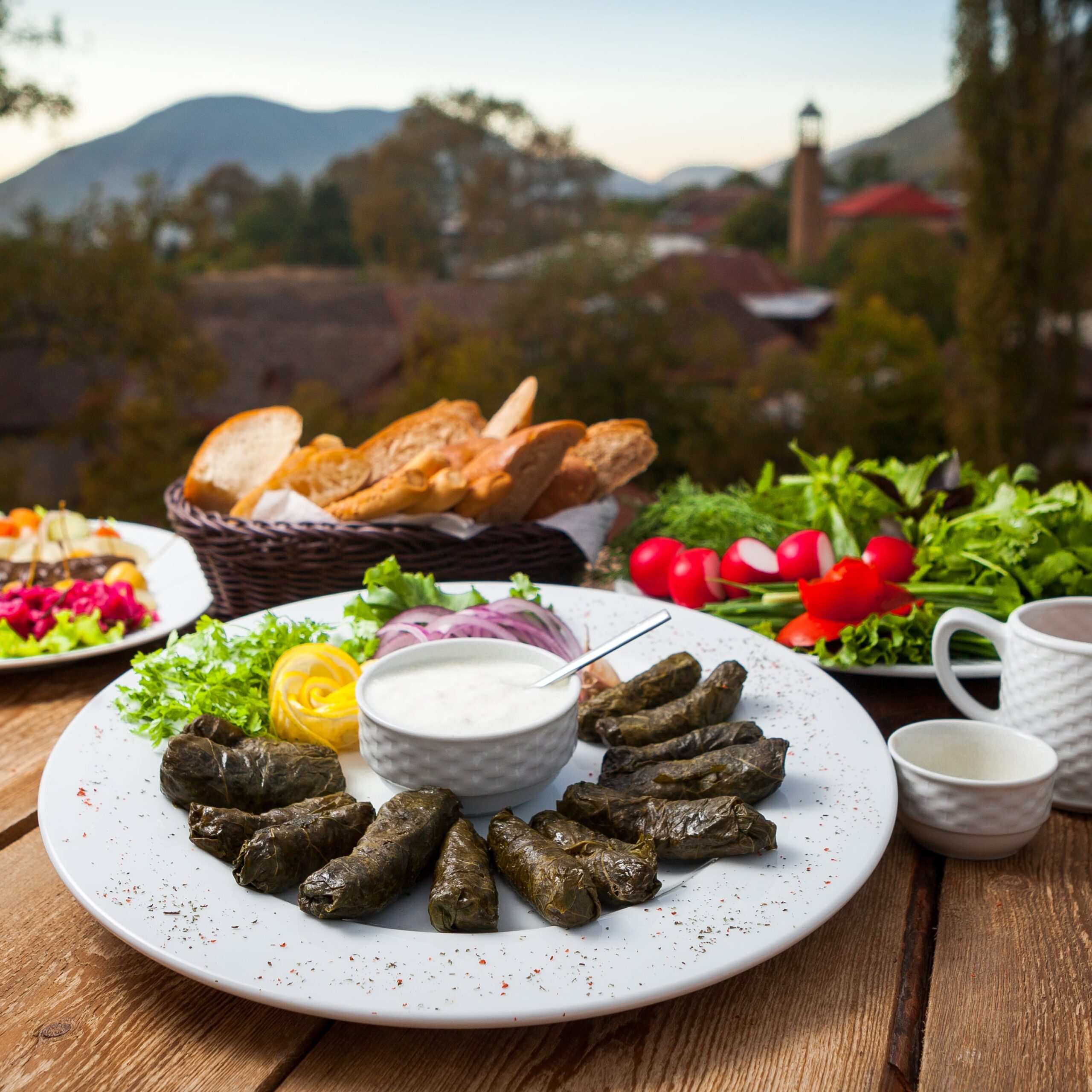 Traditional Cypriot appetizers including dolmadakia, bread, olives, tzatziki, and fresh tomatoes.