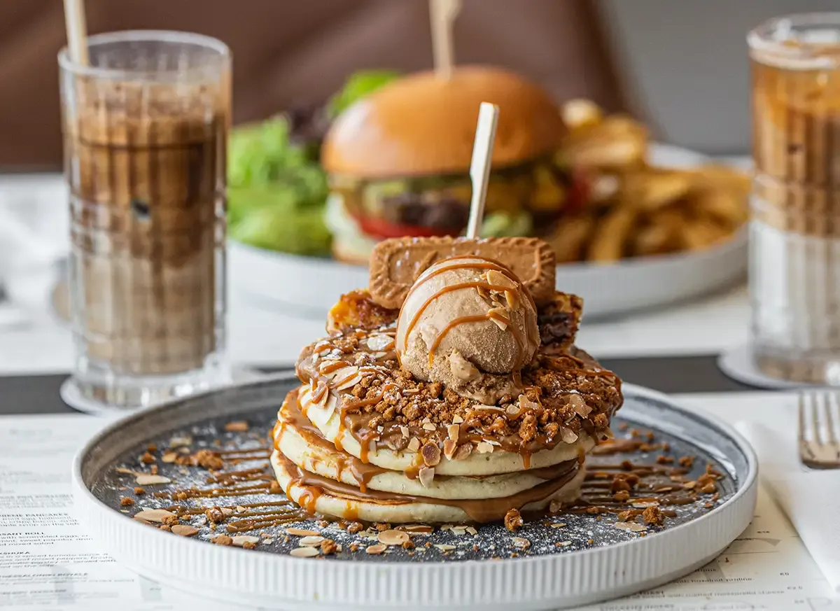 Lotus Dream Pancakes with Lotus Biscoff spread, gelato and caramel at Memories Rooftop Larnaca