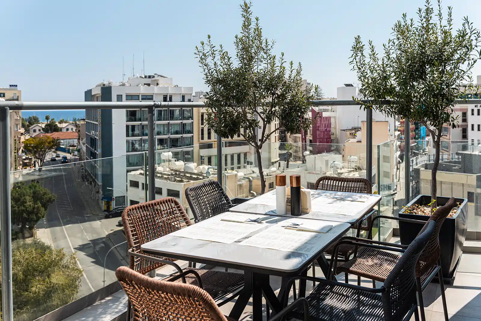 Rooftop terrace at Memories Rooftop in Larnaca with city and sea views